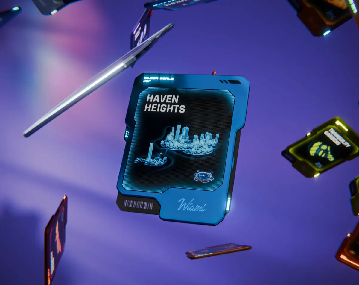 Blue Haven Heights land card floating among other cards on a purple background