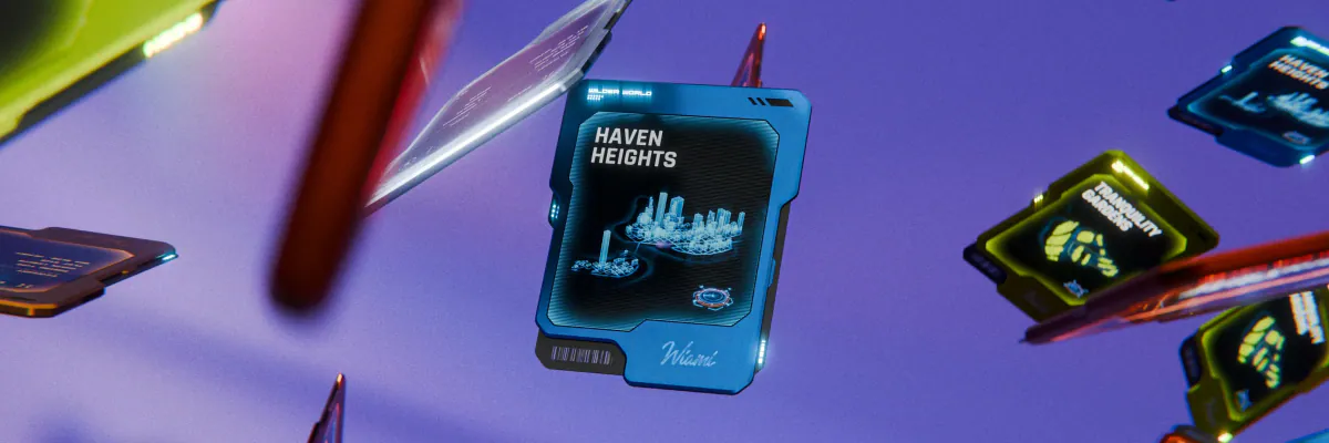 Haven Heights land card among floating cards and pens on purple