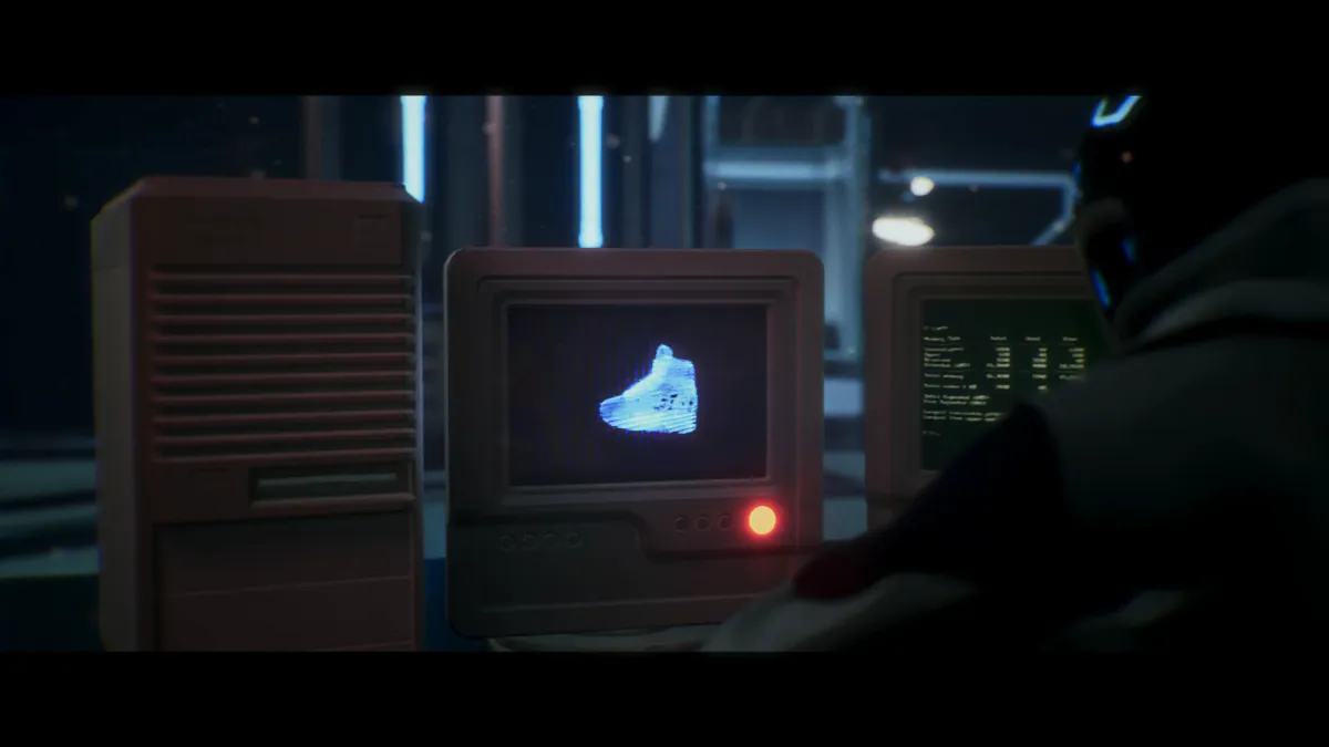 Retro computer screen showing a holographic sneaker in a dark room