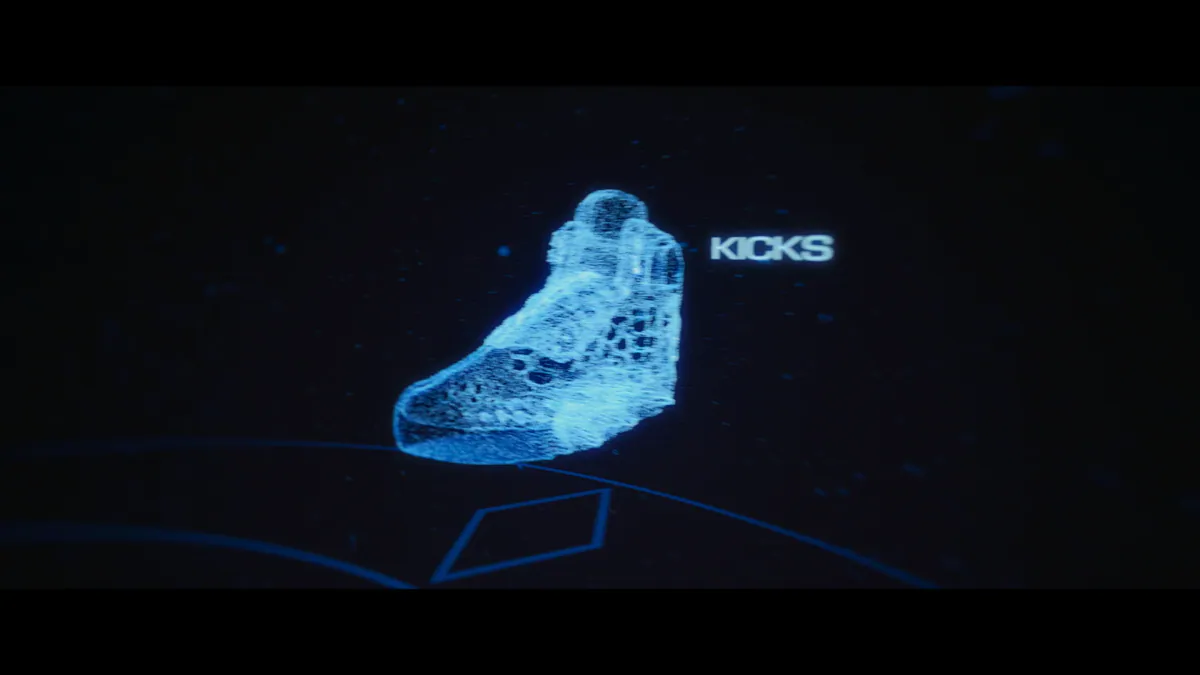 Holographic sneaker labelled Kicks above a glowing platform
