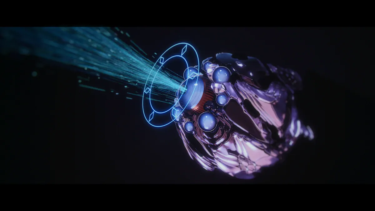 Holographic ring scanning a chrome sphere covered in orbs