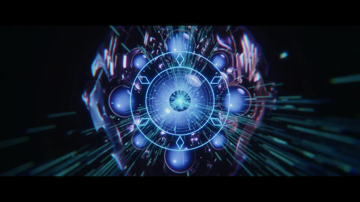 Holographic ring of glowing orbs with light rays bursting outward