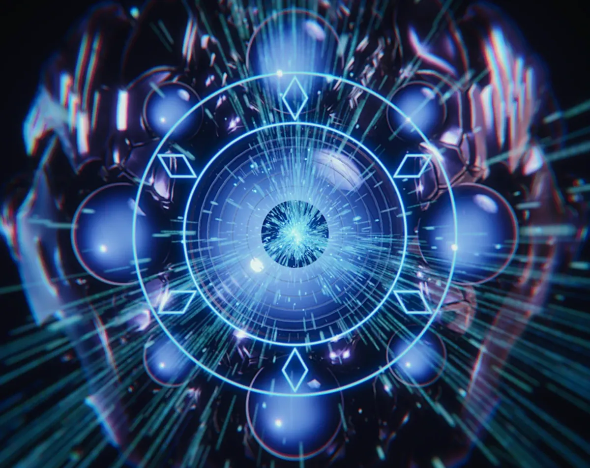 Chrome sphere behind a glowing blue holographic ring of orbs and light rays