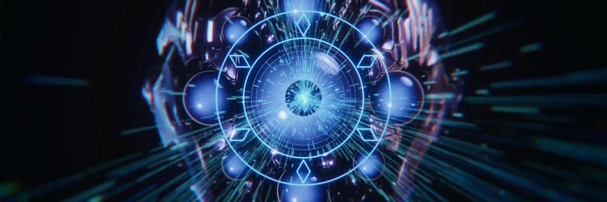 Glowing blue holographic ring of orbs with light rays bursting outward
