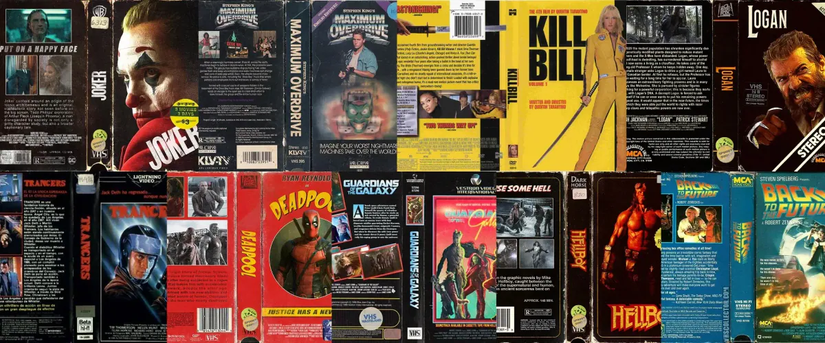 Reference wall of classic VHS sleeves including Joker, Kill Bill, Deadpool and Back to the Future