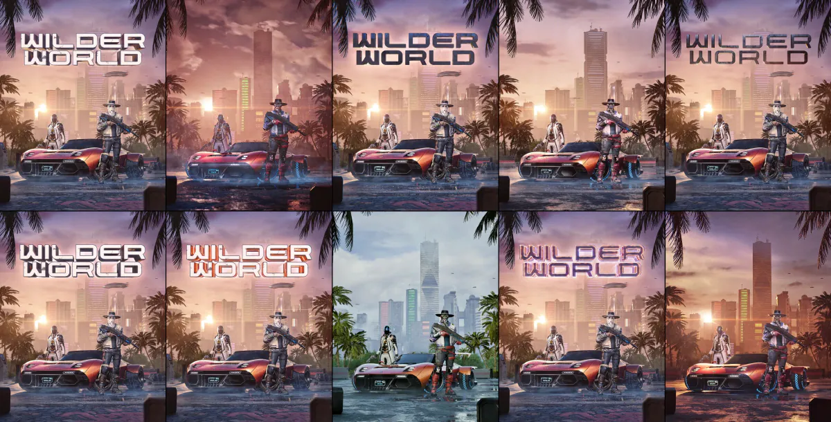 Grid of poster render variations showing two characters beside a sports car in a palm-lined city