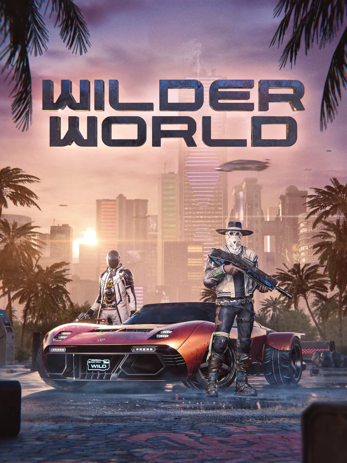Final Wilder World poster with two armed characters and an orange sports car under a sunset skyline