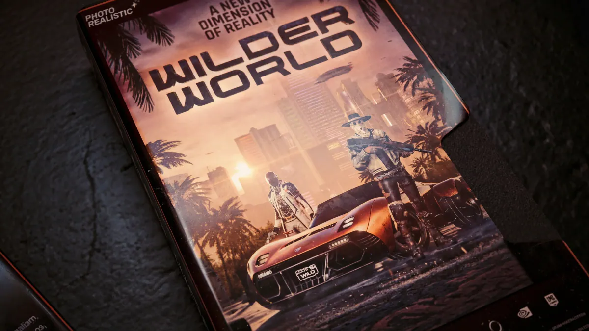 Front of the Wilder World VHS case lying on dark stone