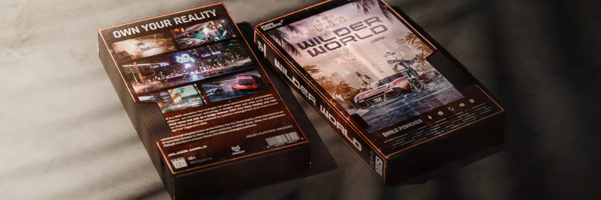 Wilder World VHS case, front and back, lying on concrete in striped shadow