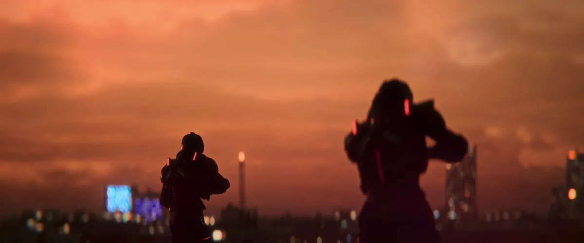 Two armored figures silhouetted against an orange sunset sky
