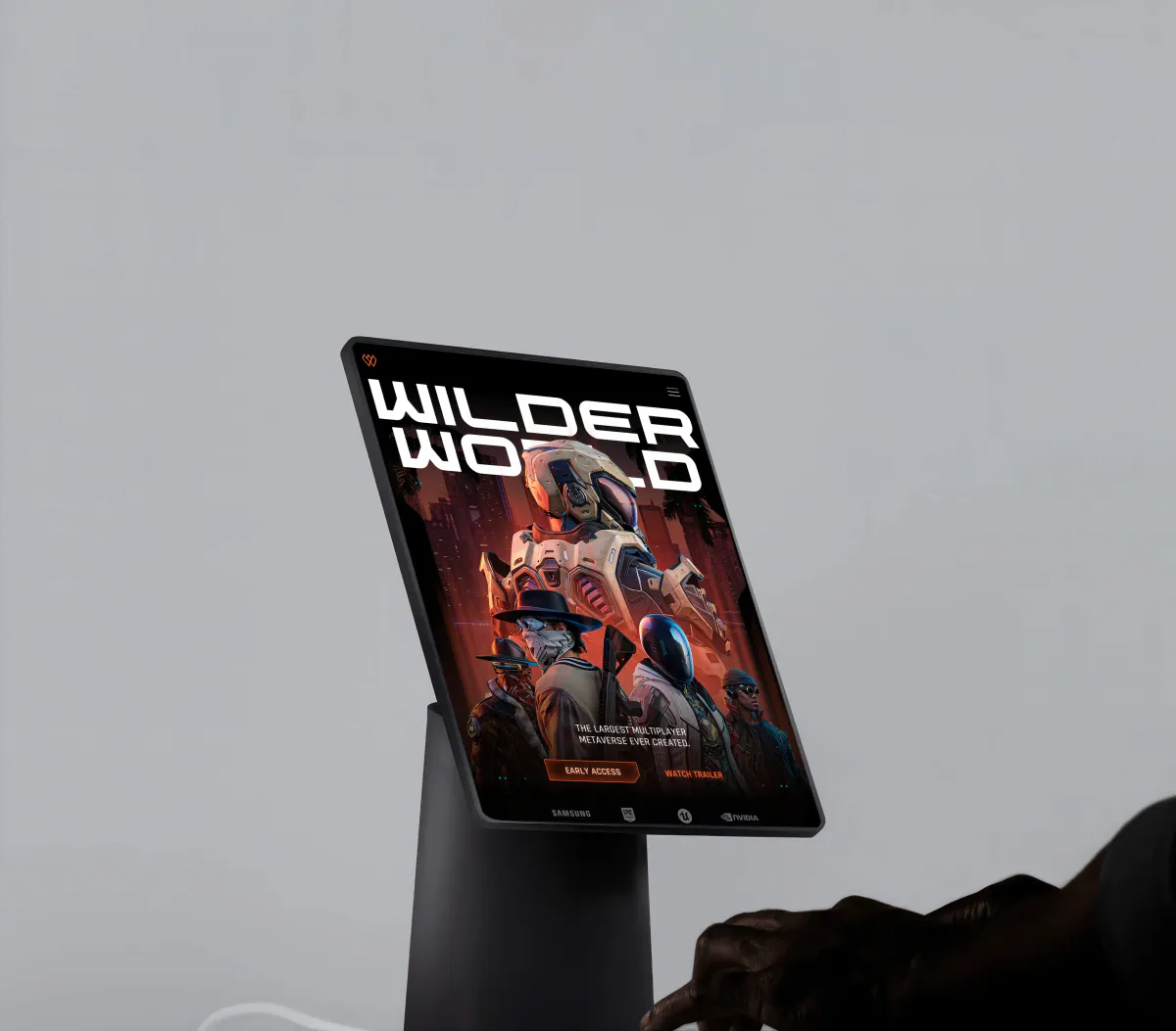 Tablet on a stand showing the Wilder World homepage