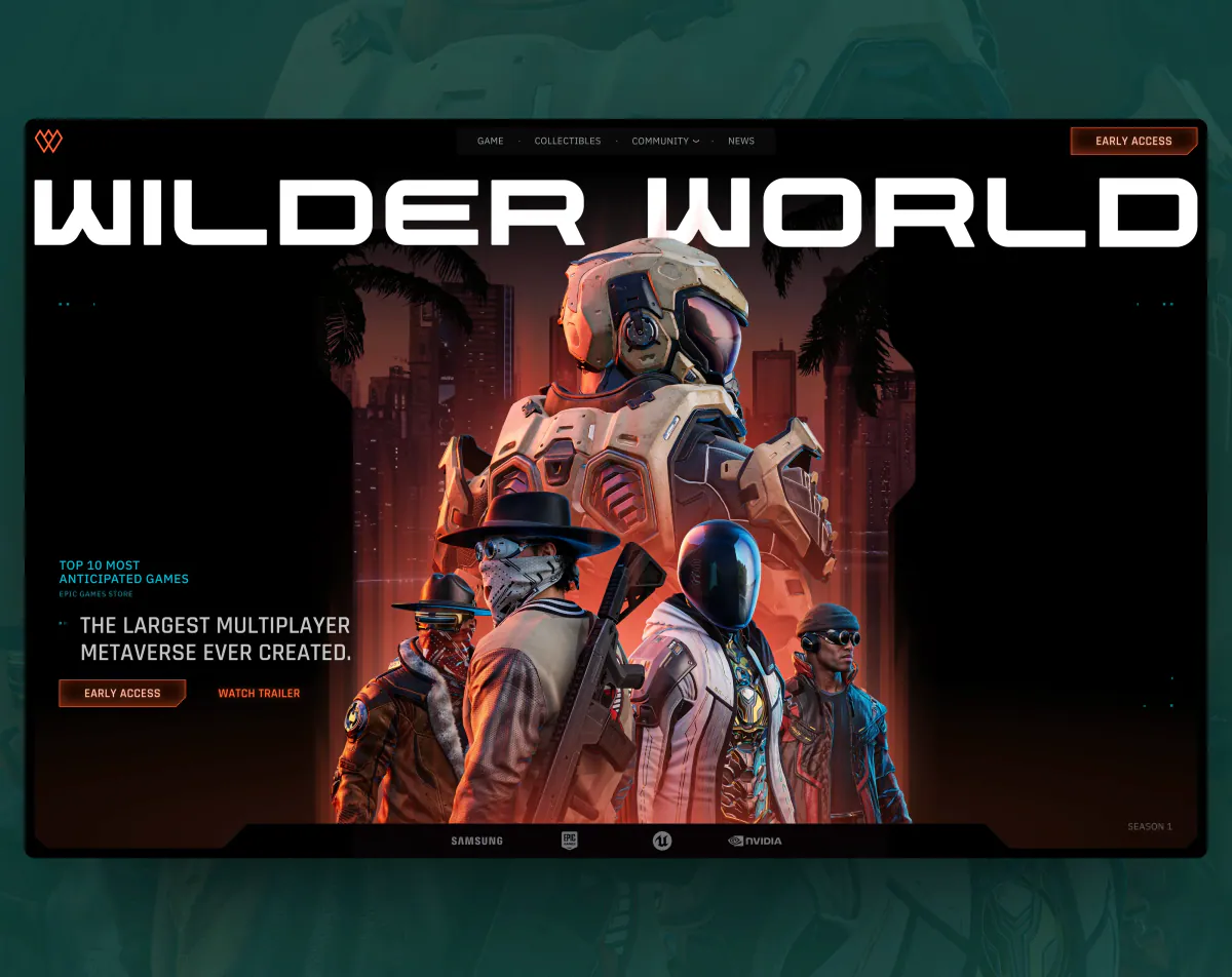 Wilder World homepage with armored characters under the wordmark, on a dark teal background