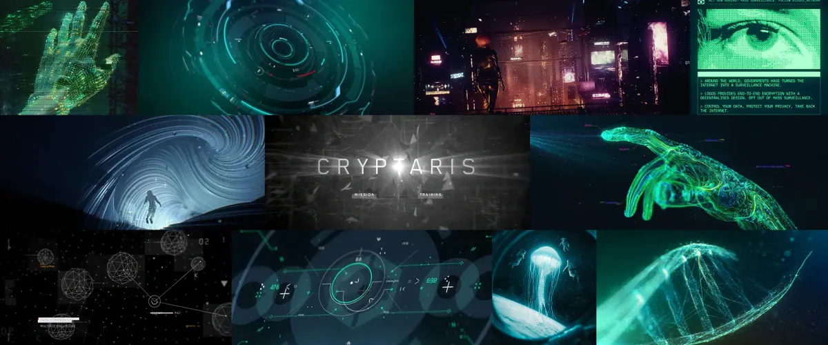 Moodboard of turquoise holograms, wireframe hands, orbits and sci-fi interfaces