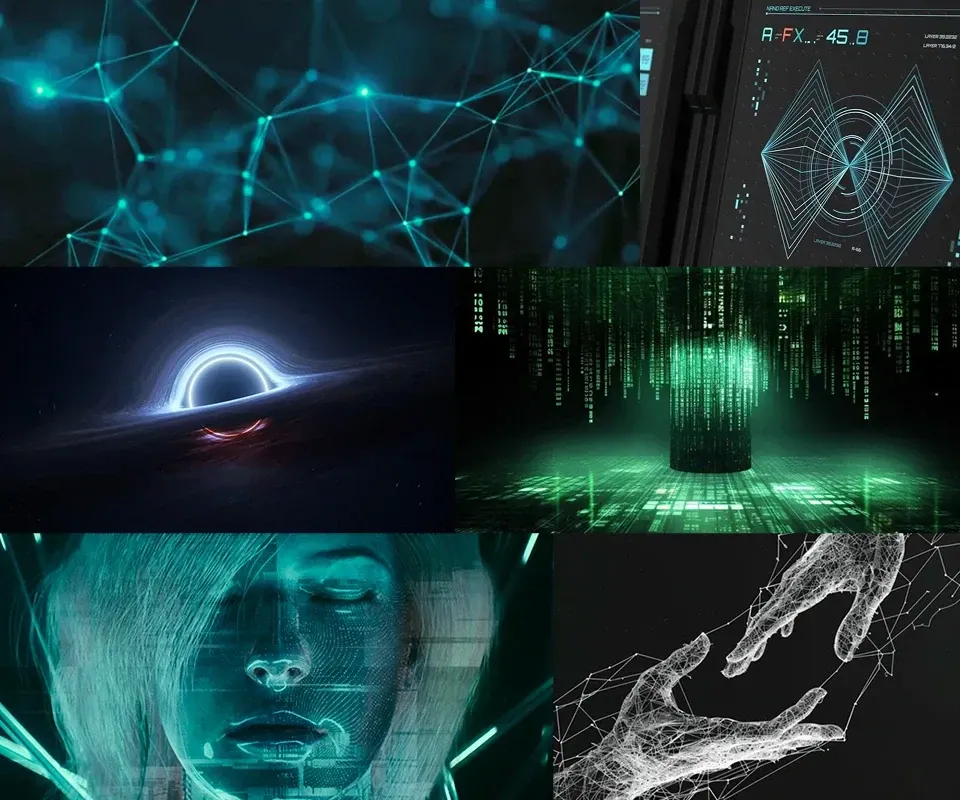 Moodboard of turquoise network lines, a black hole, falling code and a holographic face