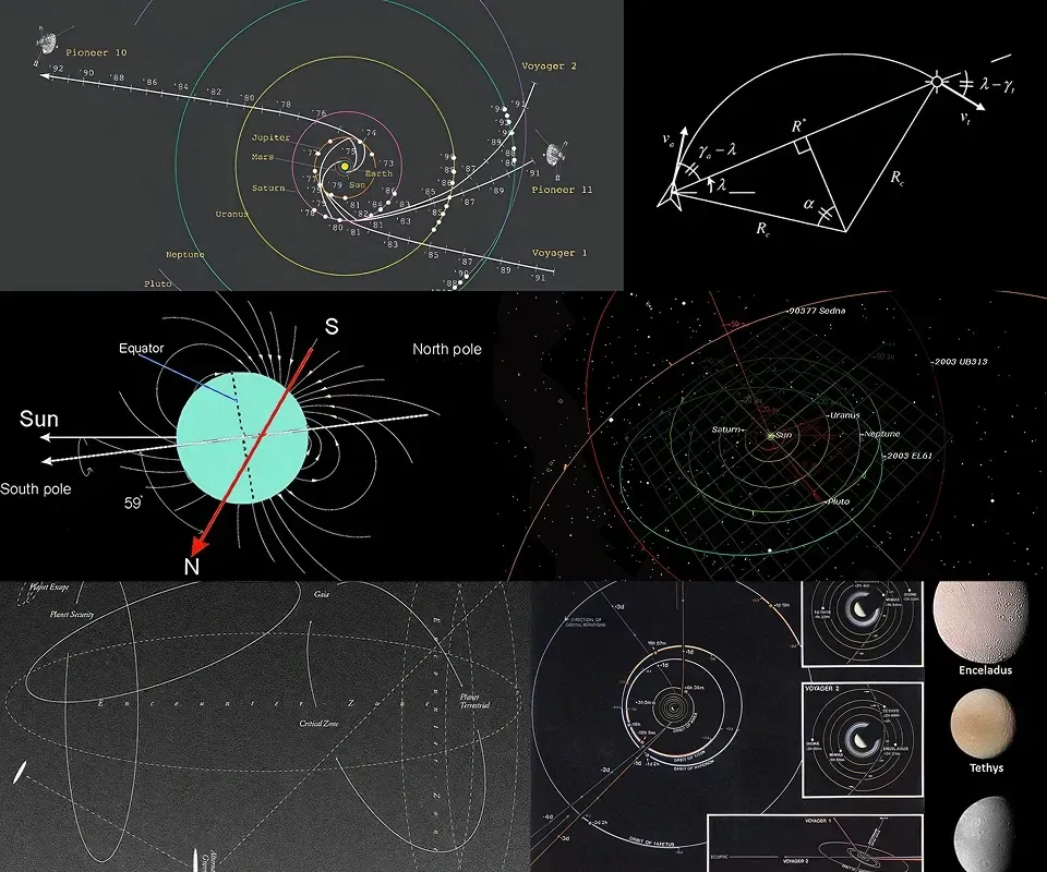 Moodboard of orbital diagrams, planet paths and a magnetic field sketch