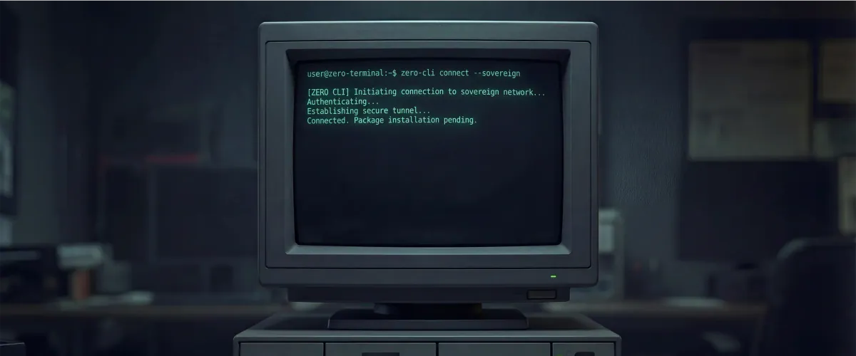 Old CRT computer in a dim room showing a ZERO terminal connecting to a sovereign network