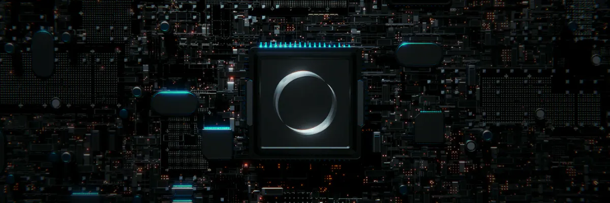 ZERO ring logo on a chip set into a dark circuit board lit in turquoise